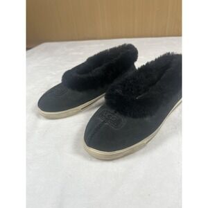 UGG Slippers Womens Size 9 Black Suede Fur Collar Shearling Lined 3048 Slip On